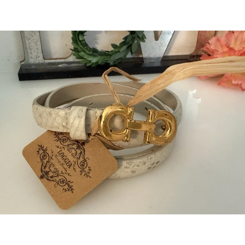 Anna Pellissari Size L Gold Tone Buckle Beige Gray Animal Print Leather Belt NWT
